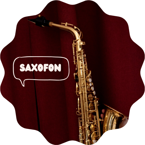 Bild på en saxofon mot ett vinrött skynke