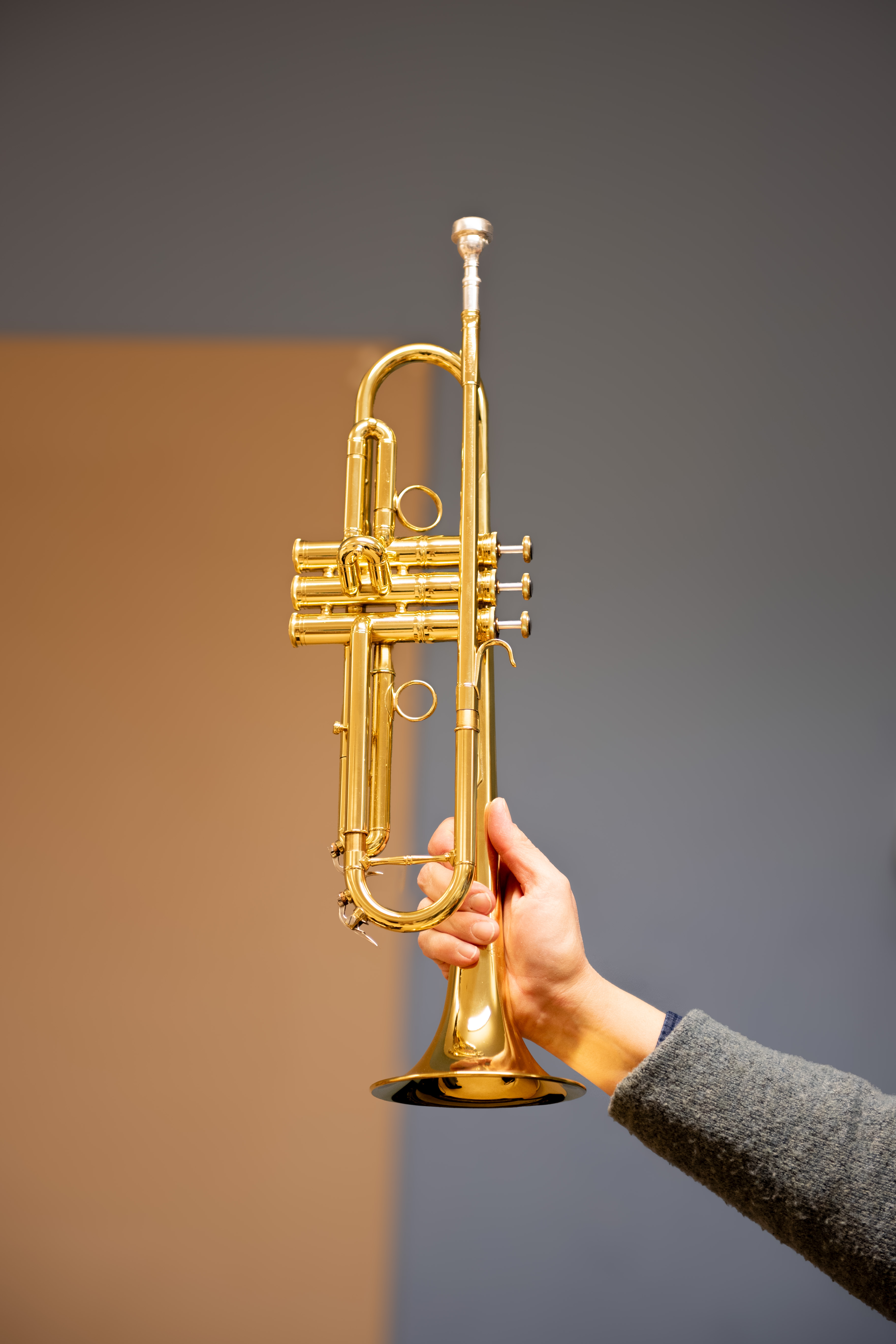 Bild på en trumpet mot en blå klassrumsvägg