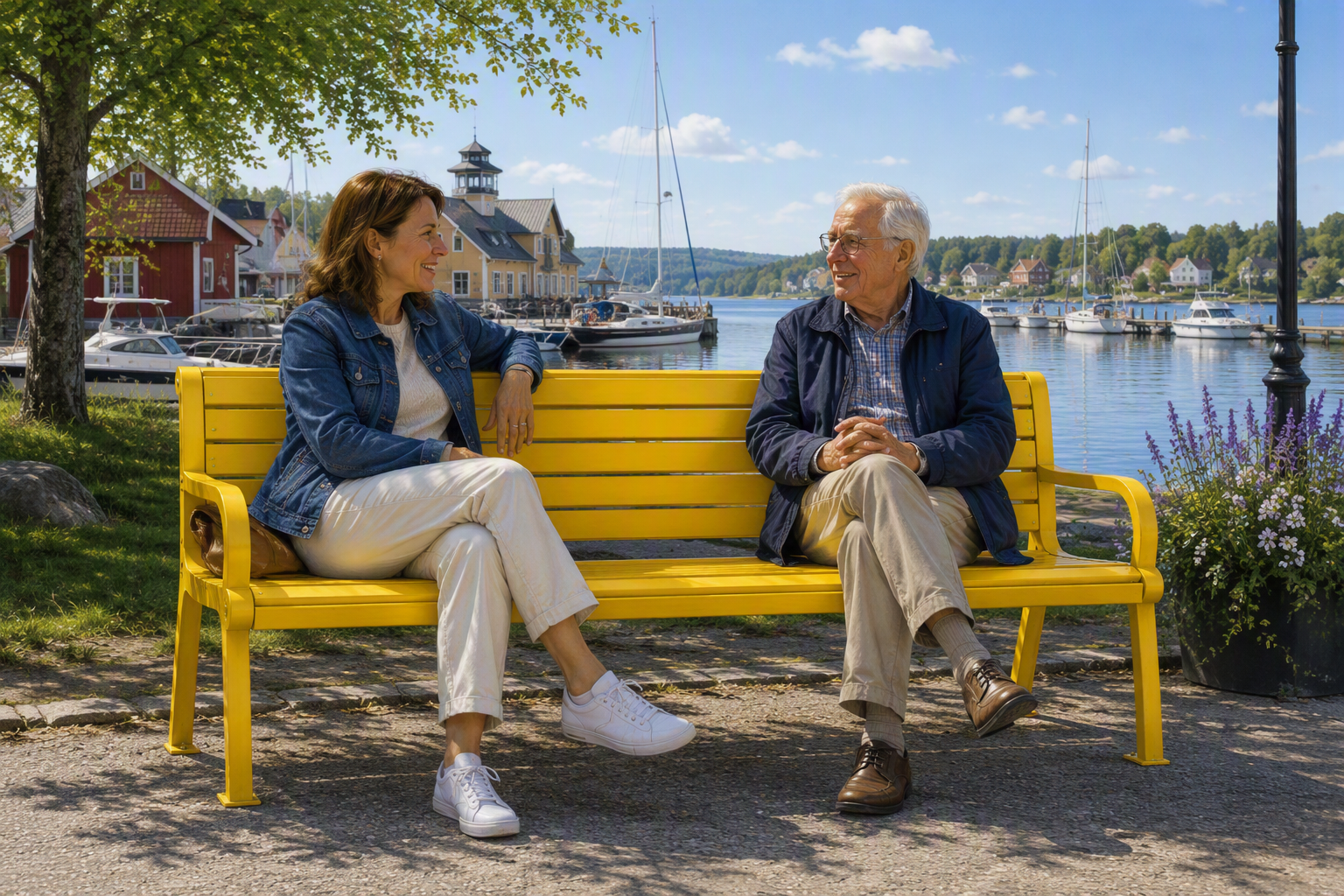 AI-genererad bild av en kvinna och en man på en vänskapsbänk