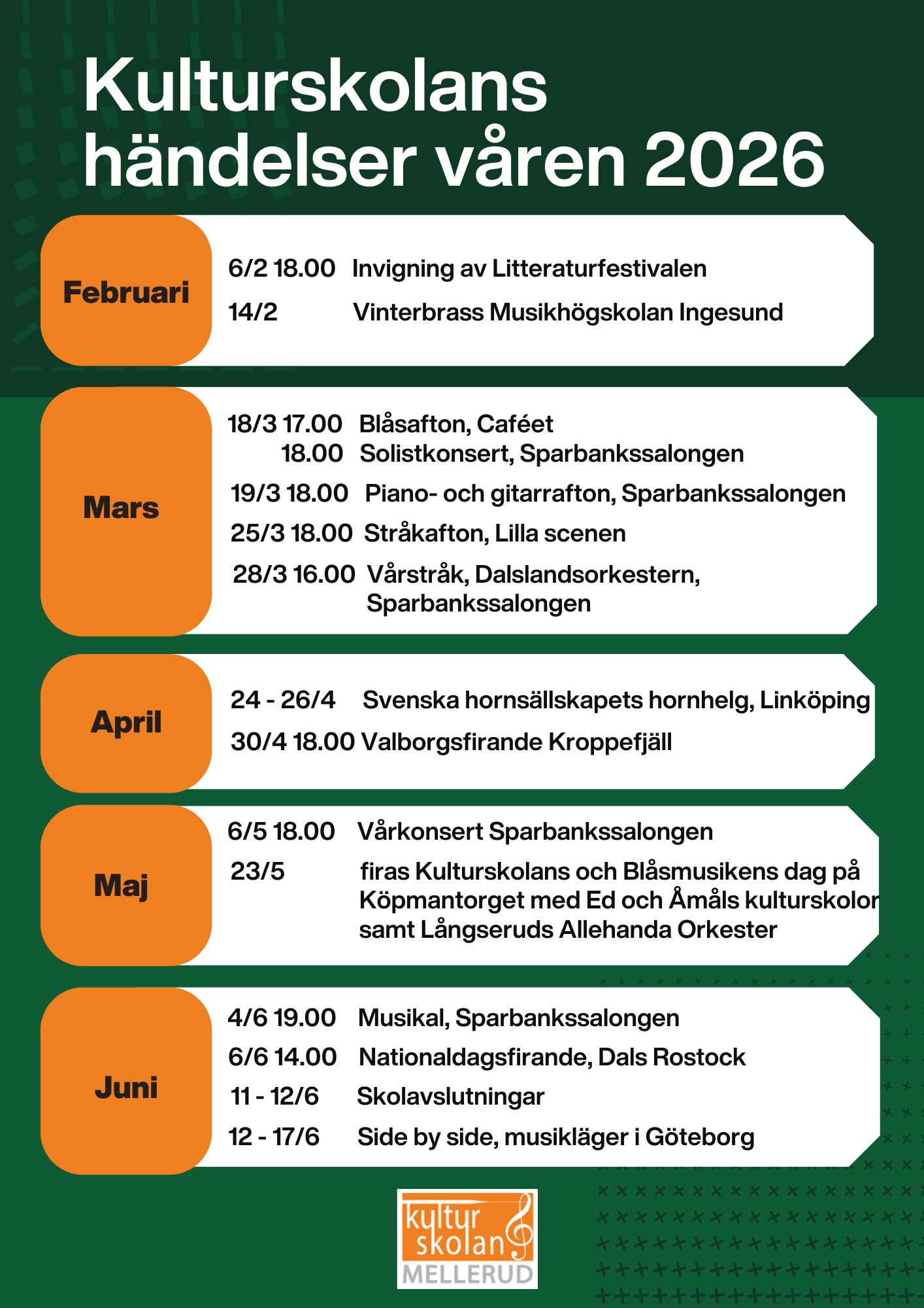 Schema över våren på Kulturskolan